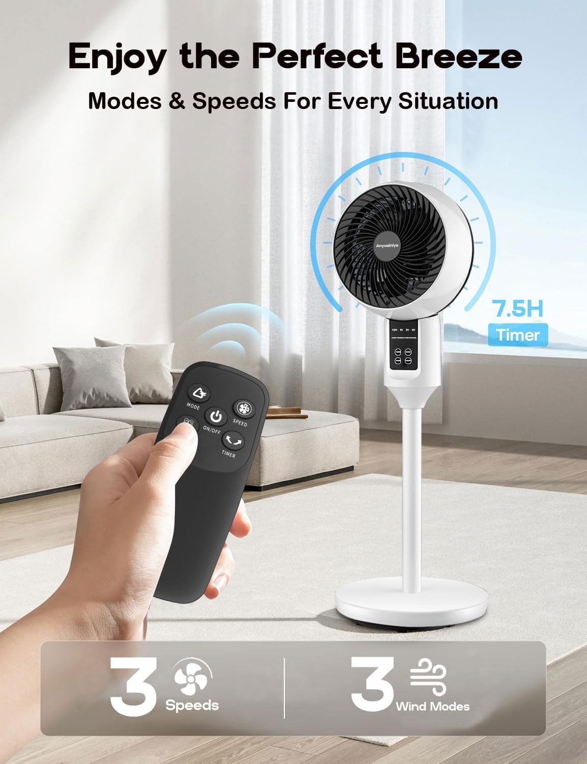Ventilador de Coluna Ajustável | Oscilação 3D, 3 Modos, Silencioso | Elsa