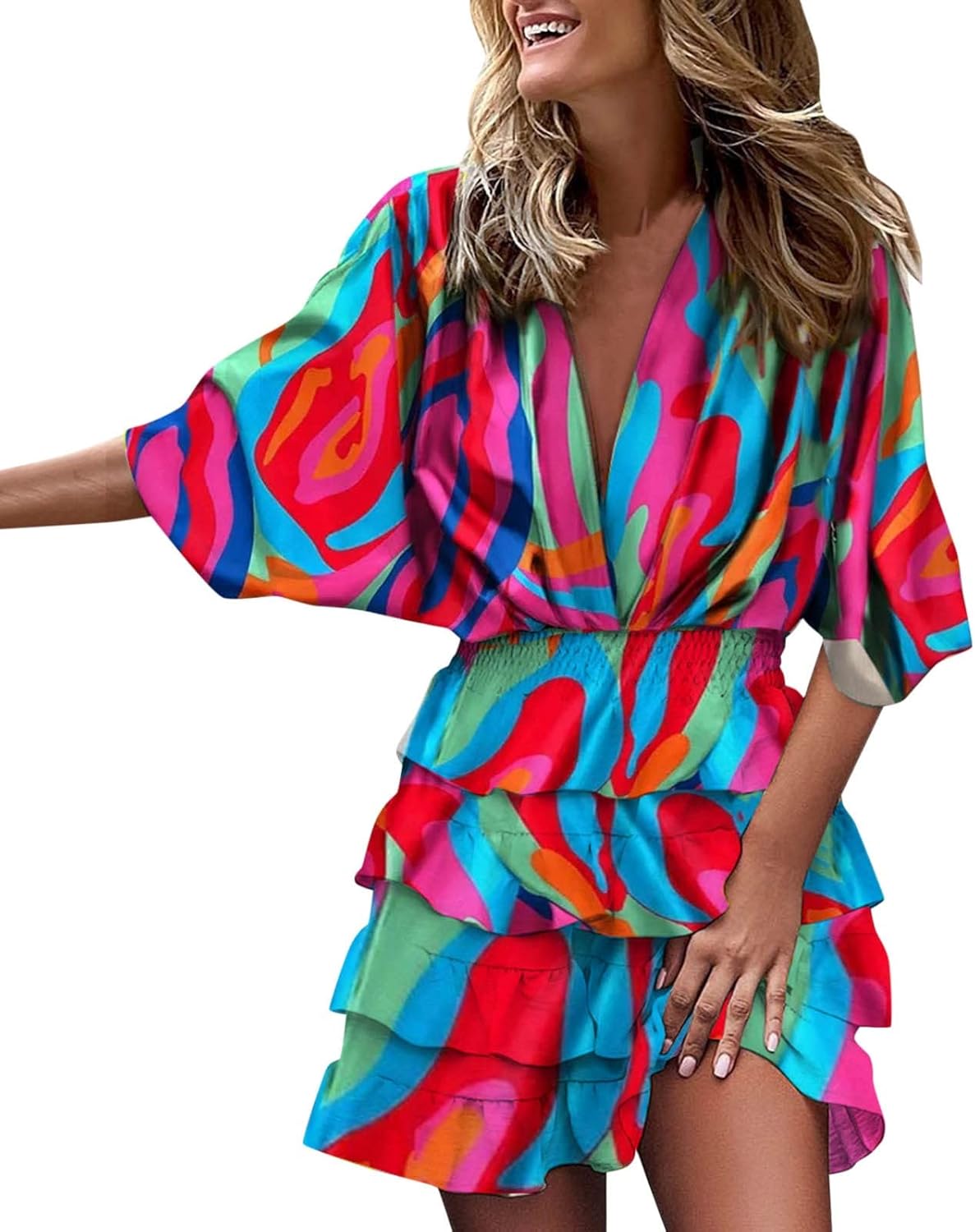 Vestido Feminino Midi Evasê Decote V Franzido