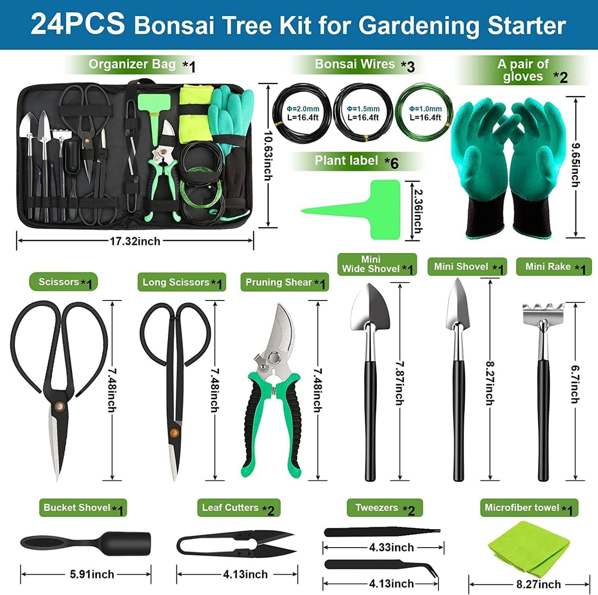 Inez | Kit de Cuidados Bonsai 24 Peças | Aço Carbono, Bolsa | Tesouras, Arames