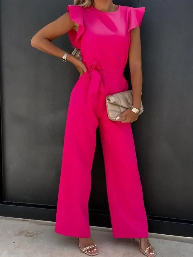 Mulher Jumpsuit Perna Larga Mangas Borboleta