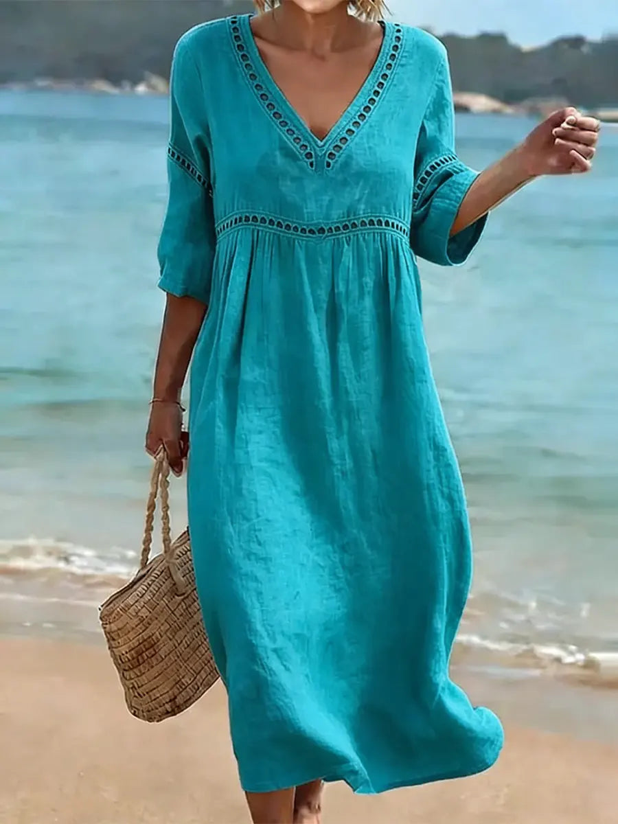 Nina | Vestido Feminino Decote V Manga Curta com Bolsos