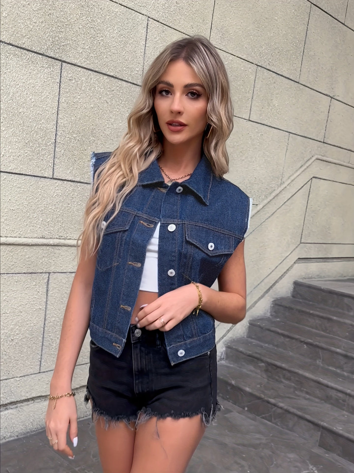 Maren | Mulher Colete Jeans com Bolsos Abas