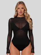 Kestrel | Body Feminino em Rede | Gola Alta, Manga Longa | Transparente, Nude