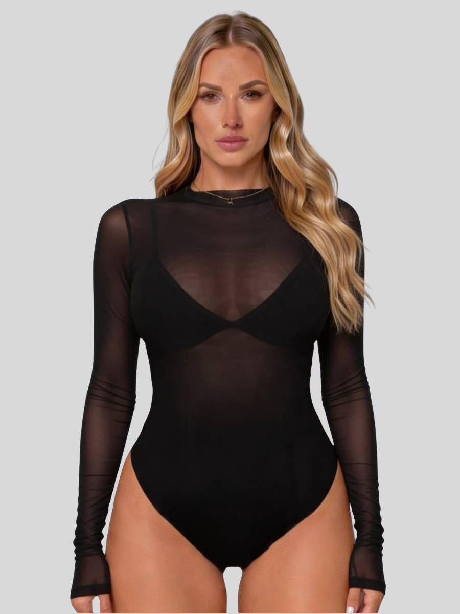 Kestrel | Body Feminino em Rede | Gola Alta, Manga Longa | Transparente, Nude