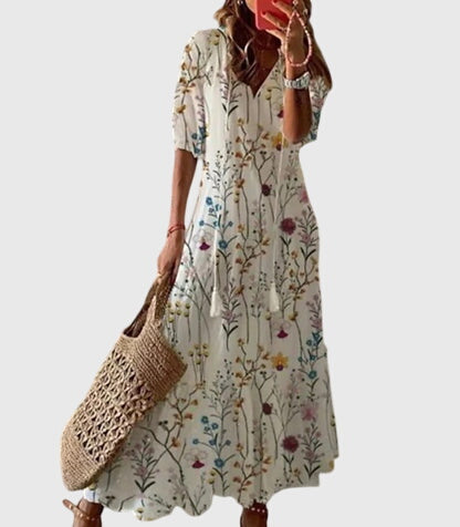 Vada | Vestido Feminino Boho Estampado Decote V Leve