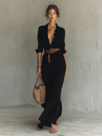 Vestido Maxi Feminino Algodão Manga Longa Colarinho Lapela