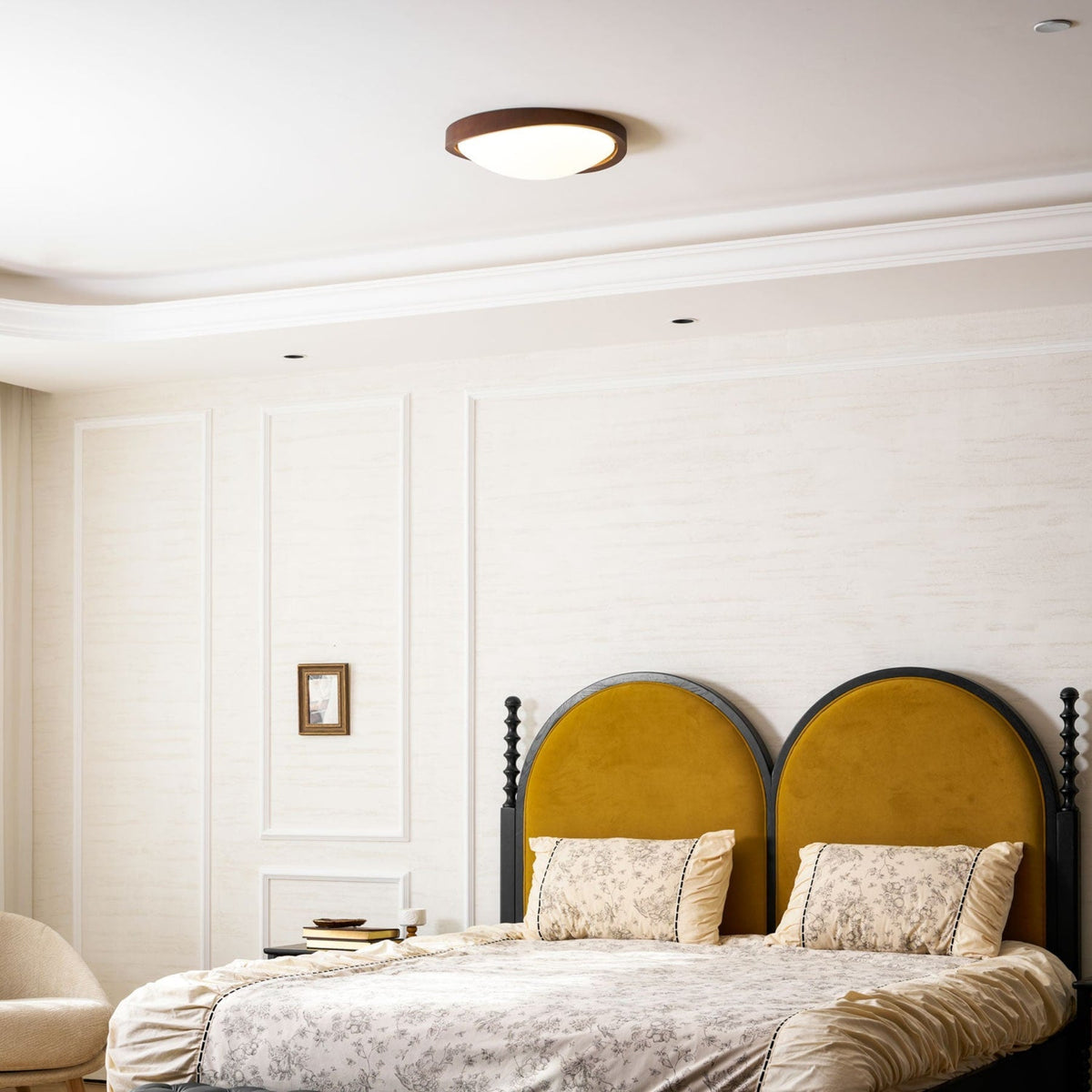 Veda | Candeeiro de Teto Flush | Efeito Madeira, Luz Tri-Cor | Tecido Moderno