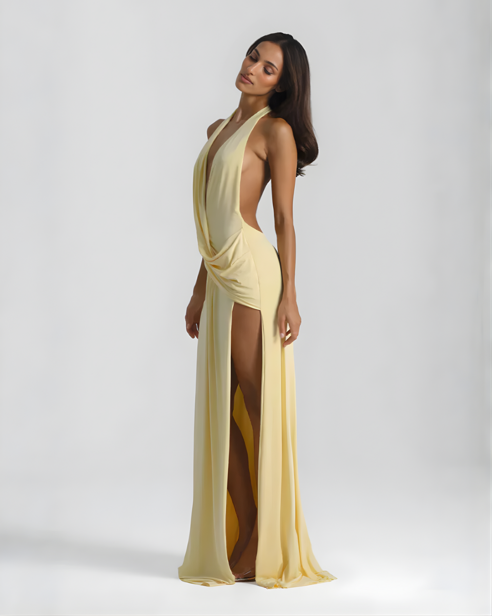 Luna | Vestido Maxi Halter Decote Costas Abertas Fenda Lateral