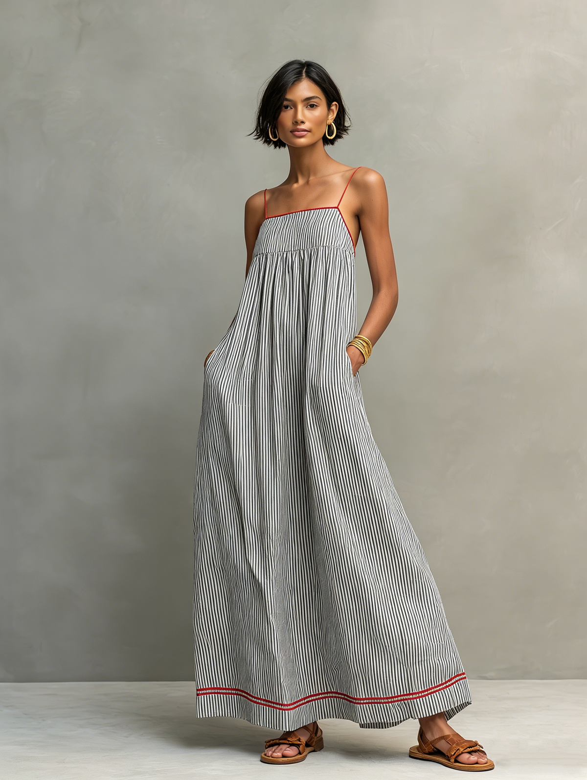 Liora | Vestido Longo Feminino Listrado Alças Finas Minimalista