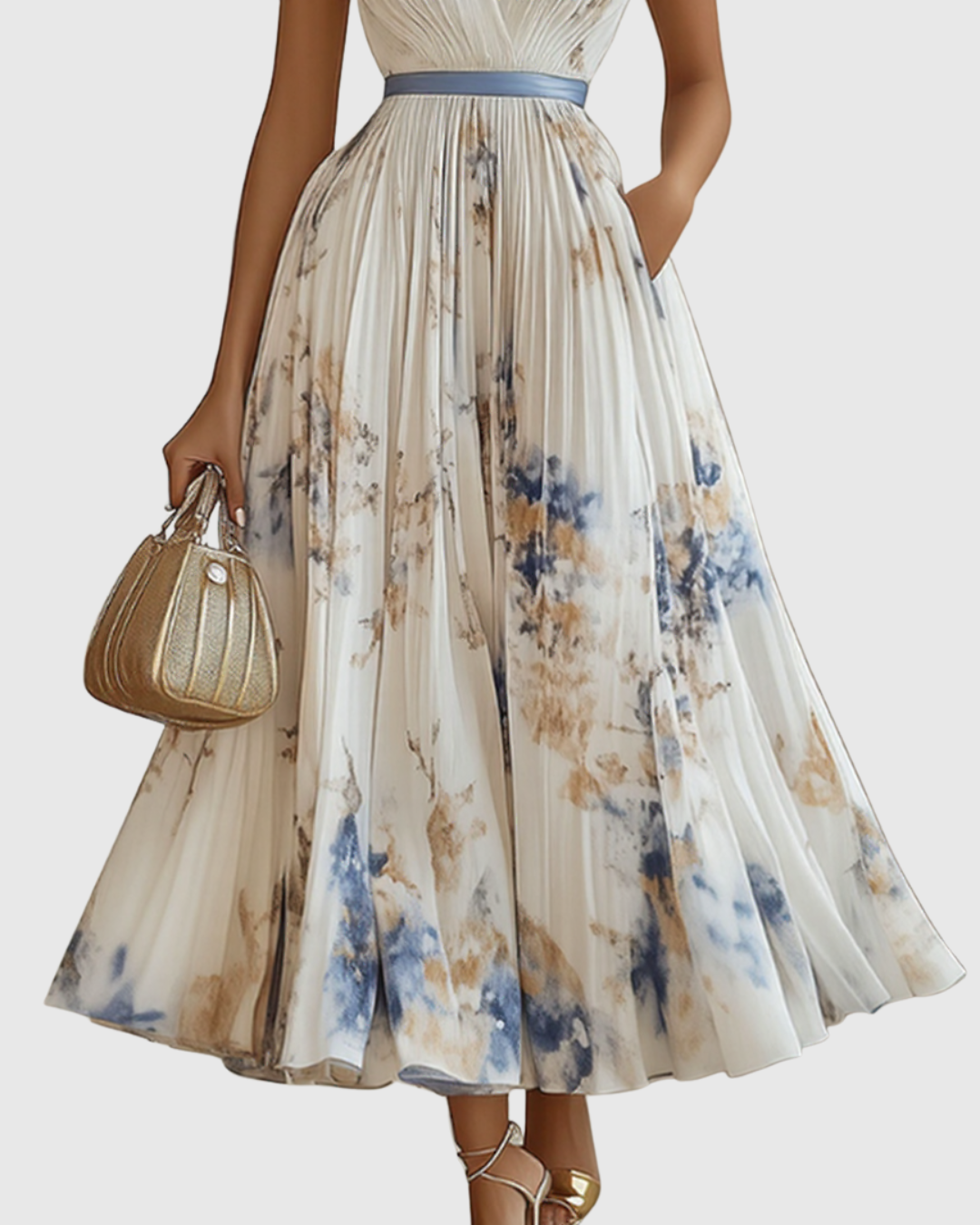 Xena | Vestido Maxi Floral Manga Longa Decote V Plissado com Laço