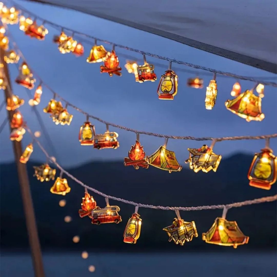 Thea | Luzes de Camping LED | Guirlanda Decorativa com Motivos de Tenda e Caravana | Branco Quente
