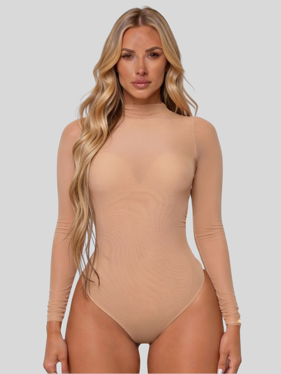 Kestrel | Body Feminino em Rede | Gola Alta, Manga Longa | Transparente, Nude