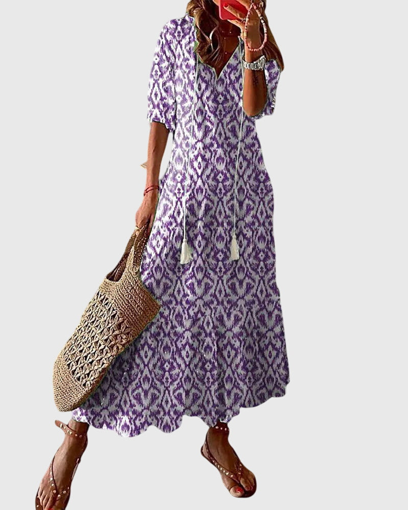 Vada | Vestido Feminino Boho Estampado Decote V Leve