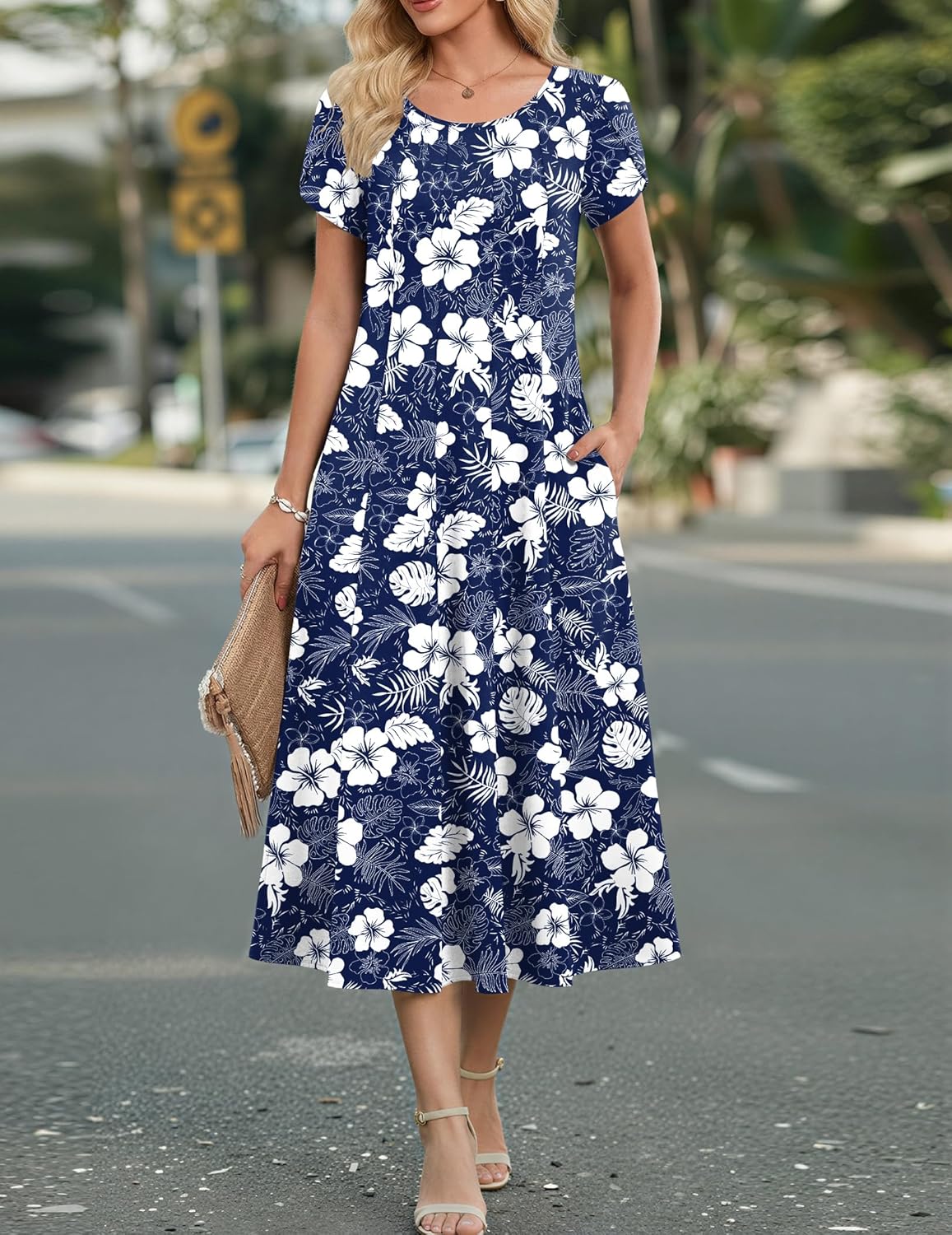 Gigi | Vestido Midi Feminino Linha A Mangas Bufantes com Bolsos