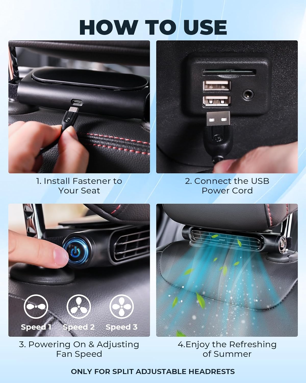 Dione | Ventilador USB para Carro | 3 Velocidades, Suporte Encosto de Cabeça | Conjunto 2 Unidades