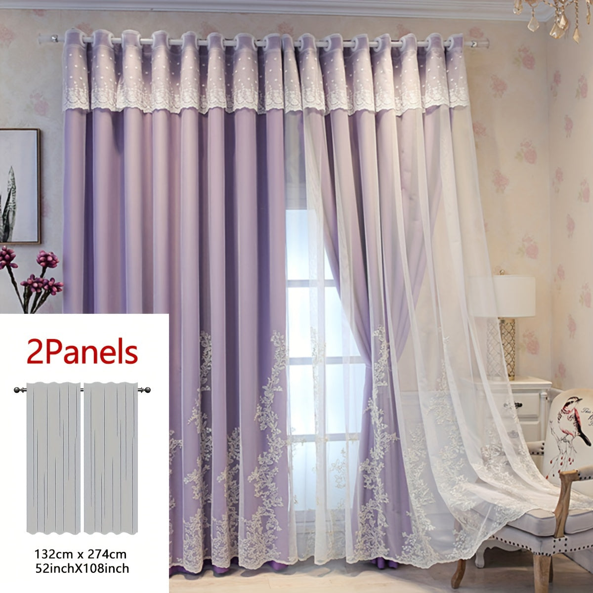 Reva | Cortinas Bordadas Fadas | Filtragem de Luz, Conjunto 2 Painéis | 100% Poliéster, Argolas