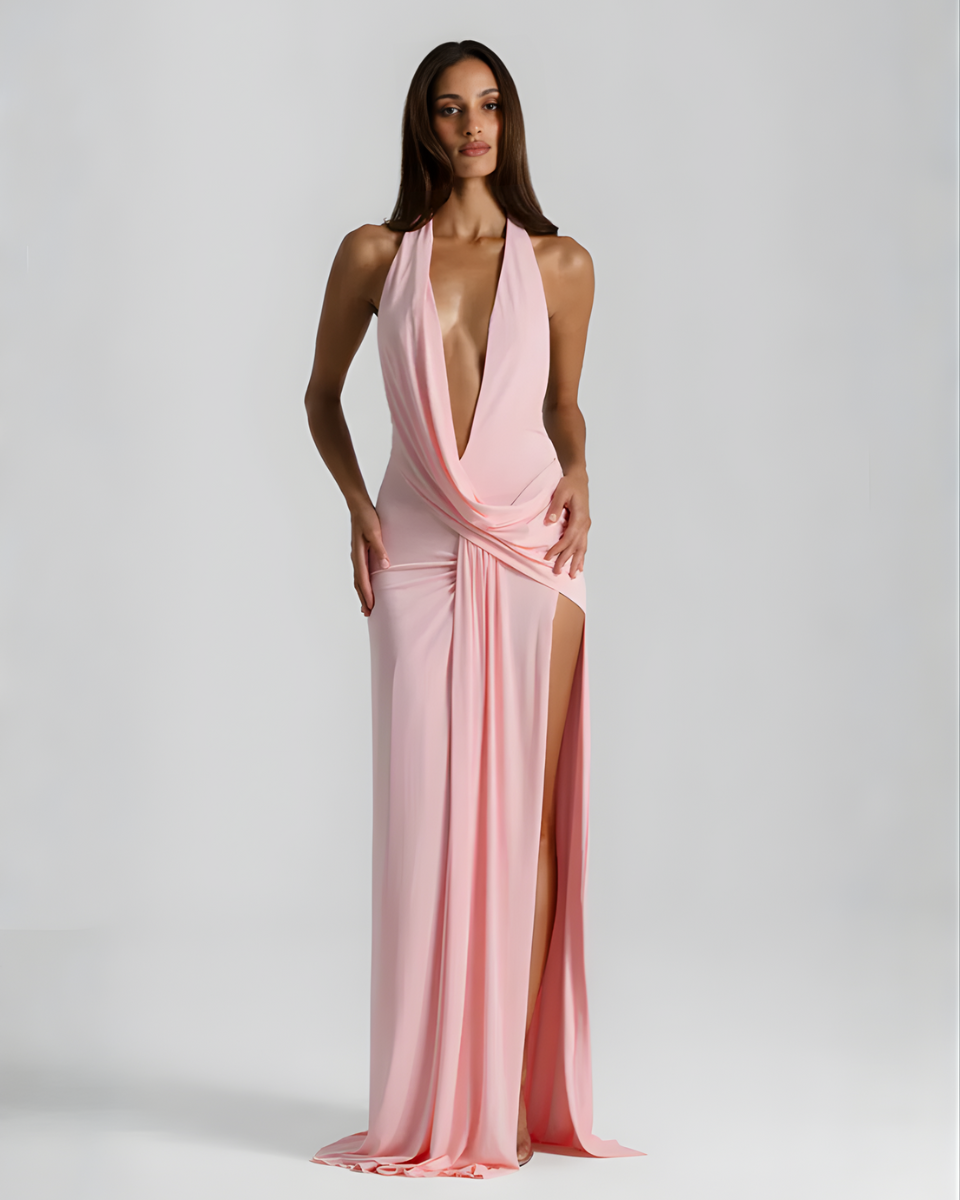 Luna | Vestido Maxi Halter Decote Costas Abertas Fenda Lateral