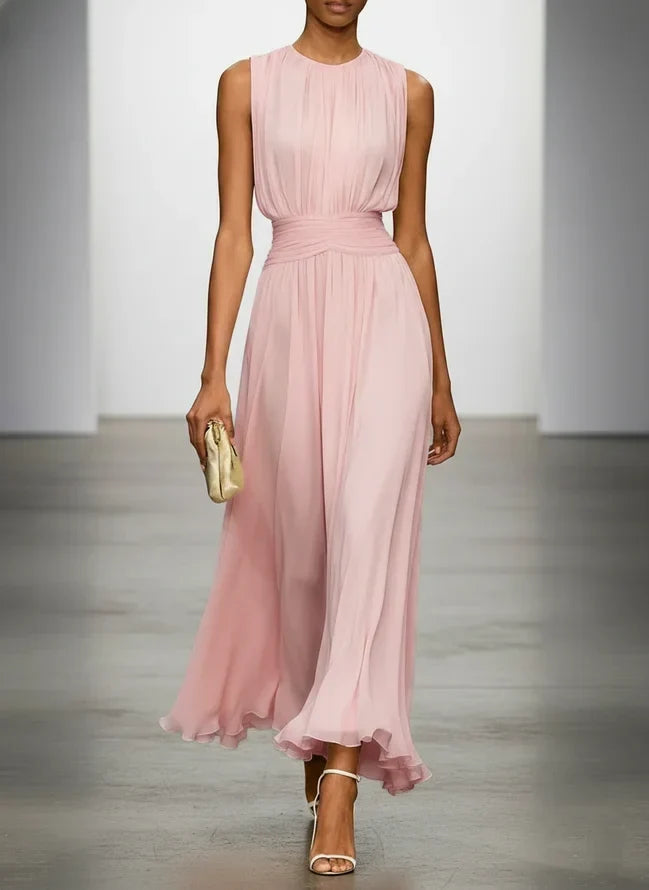 Vestido Longo em Chiffon Franzido Mulher