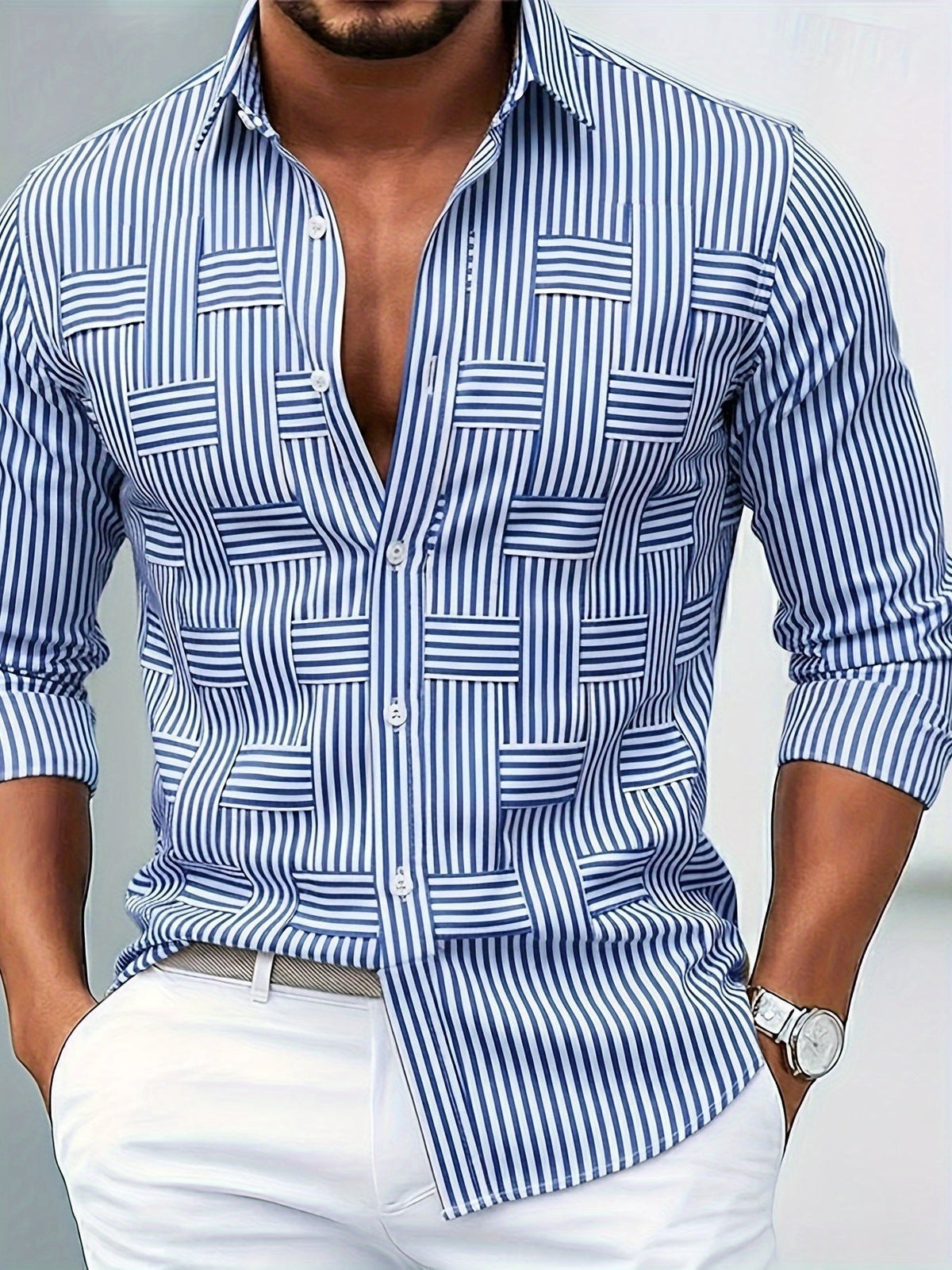 Camisa Masculina Listrada Manga Longa Vintage