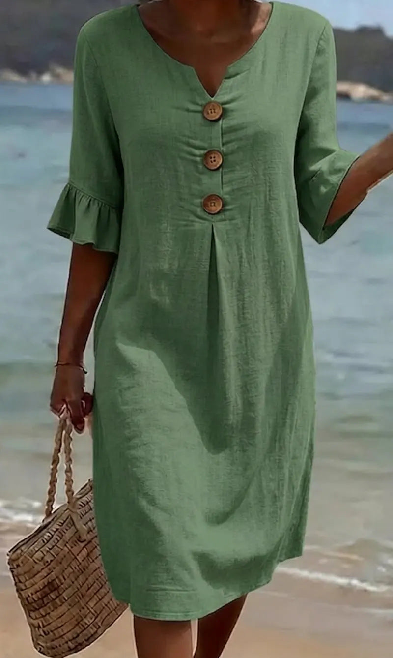 Vestido de Algodão e Linho para Mulher Verão | Botões, Solto, Respirável