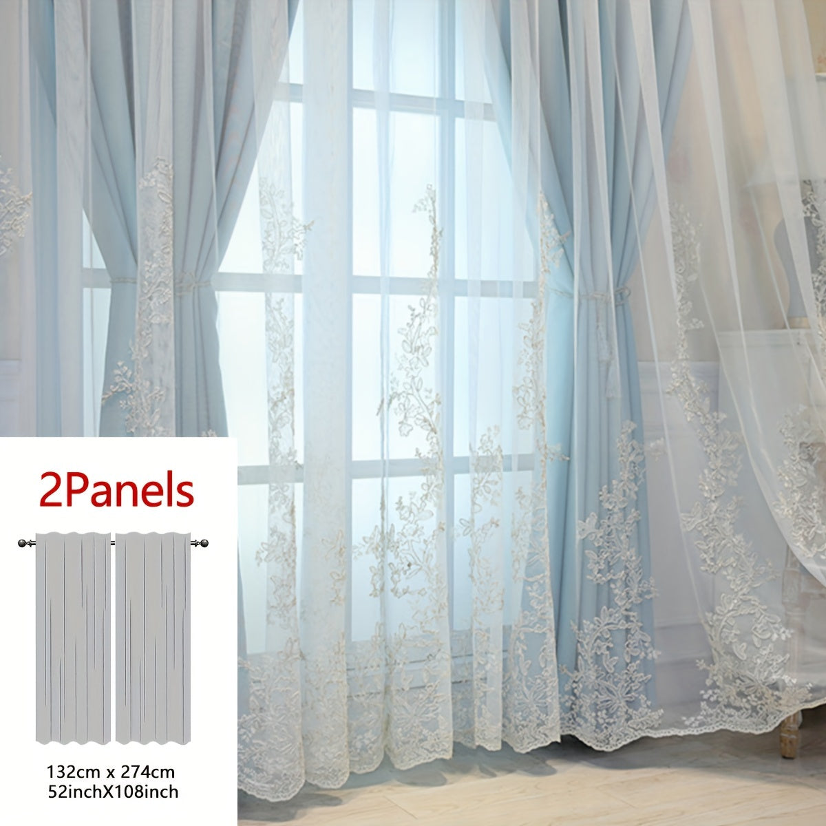 Reva | Cortinas Bordadas Fadas | Filtragem de Luz, Conjunto 2 Painéis | 100% Poliéster, Argolas