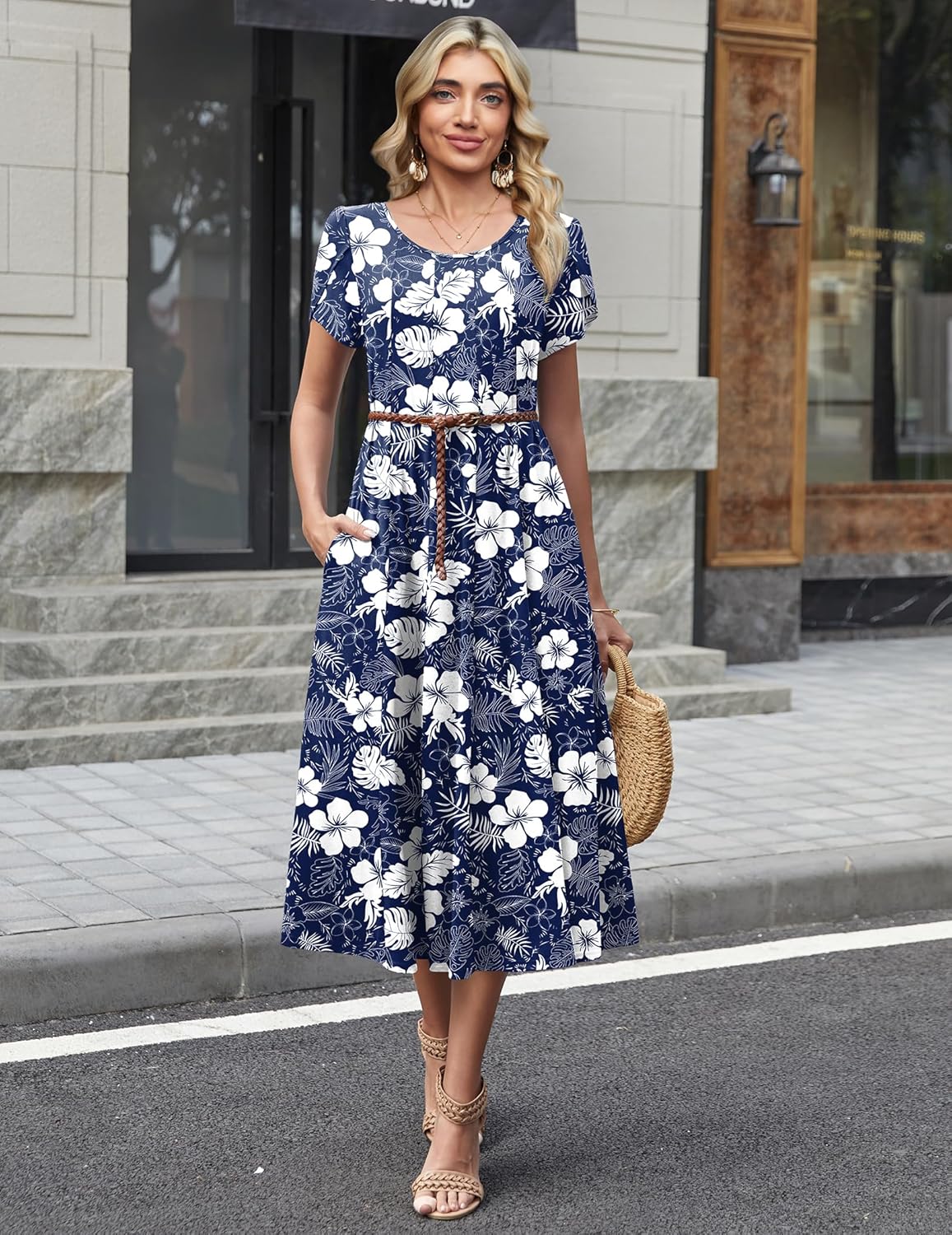 Gigi | Vestido Midi Feminino Linha A Mangas Bufantes com Bolsos