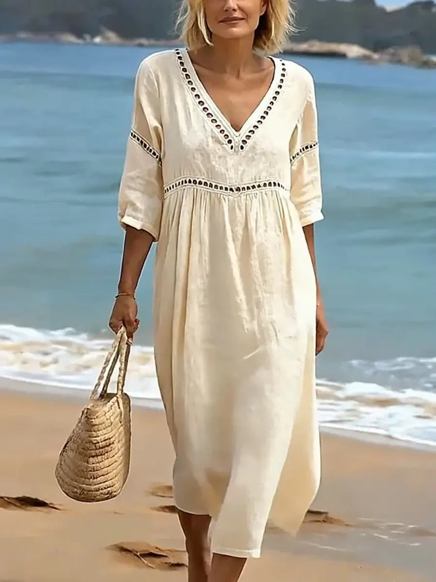 Nina | Vestido Feminino Decote V Manga Curta com Bolsos