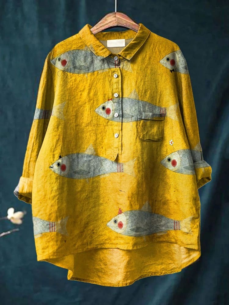Odette | Camisa Estampa de Peixes Fundo Mostarda