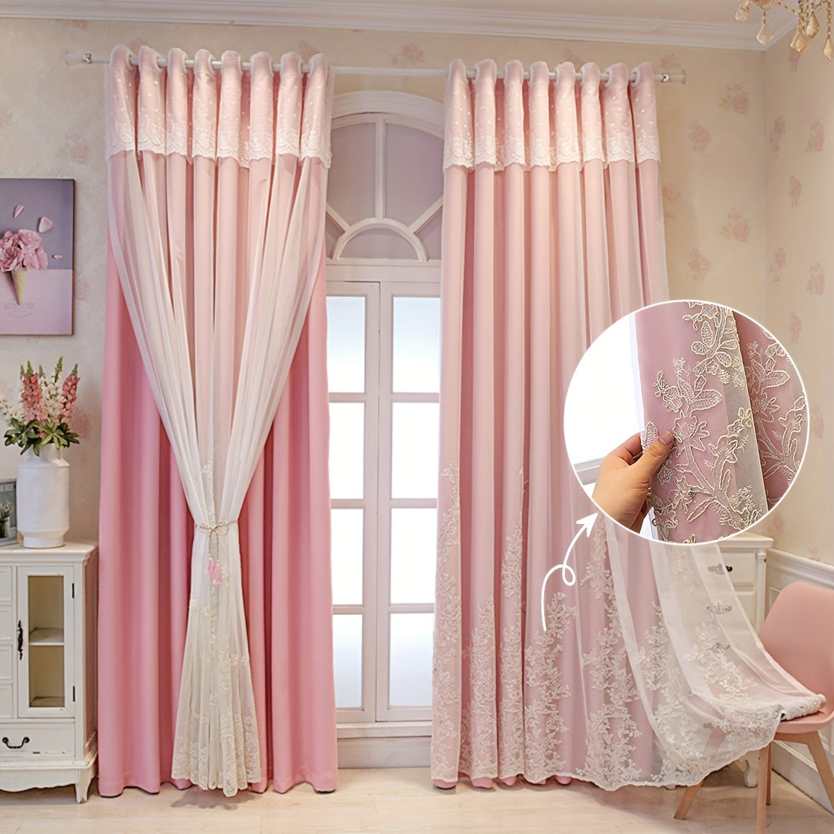 Reva | Cortinas Bordadas Fadas | Filtragem de Luz, Conjunto 2 Painéis | 100% Poliéster, Argolas