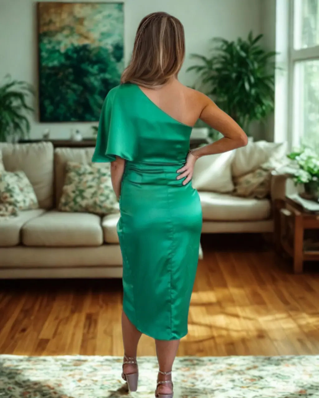 Jade | Vestido Midi Assimétrico Drapejado Feminino Ombro a Nu