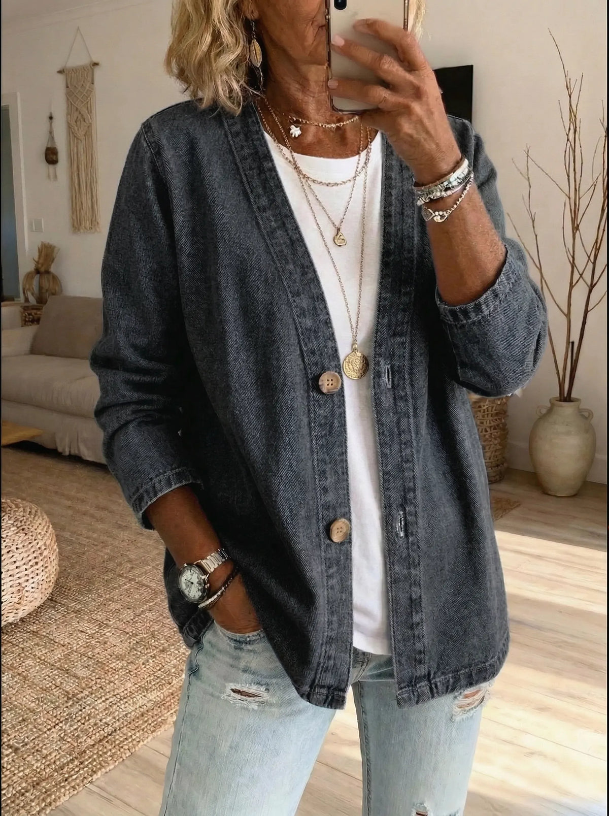 Cardigan Feminino | Denim, Corte Reto | Botões Frontais, Estilo Casual