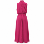 Vestido Midi Feminino Acinturado | Gola Alta Drapeada, Sem Mangas