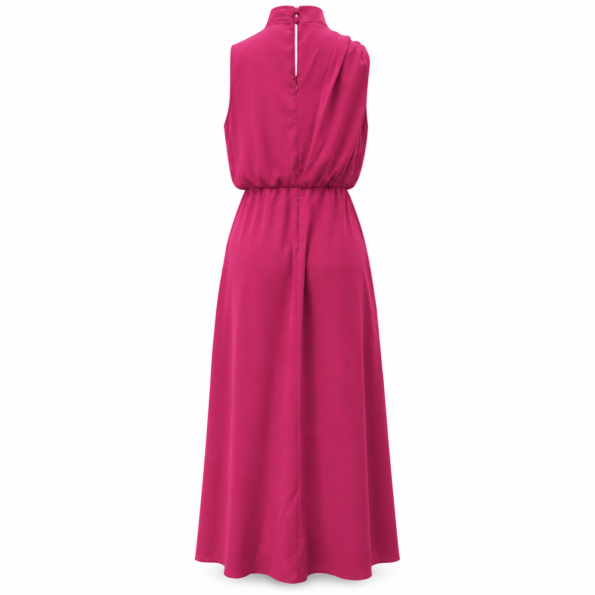 Vestido Midi Feminino Acinturado | Gola Alta Drapeada, Sem Mangas