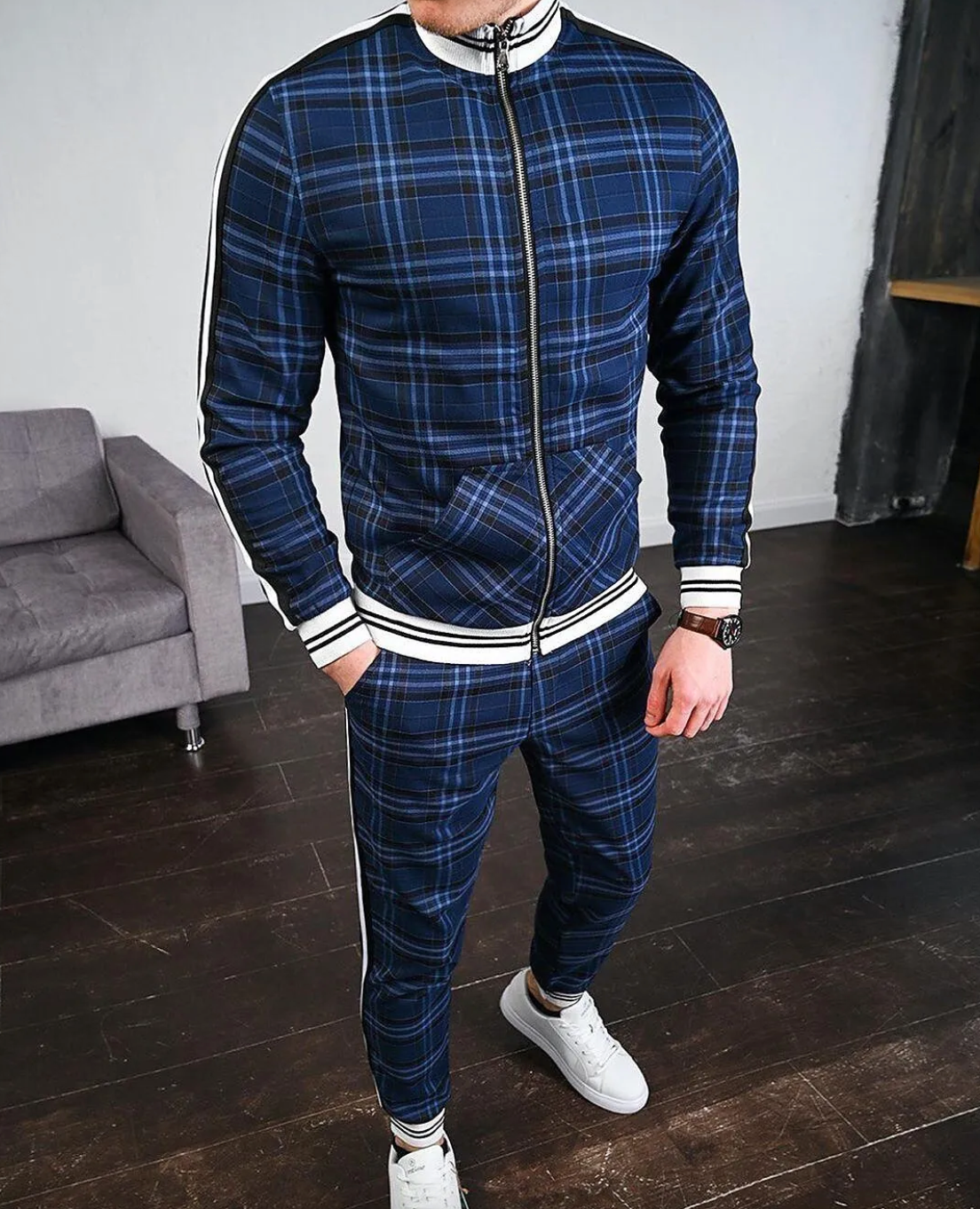 Embla | Conjunto de Treino Masculino | Padrão Xadrez, 2 Peças | Slim Fit, Gola Alta