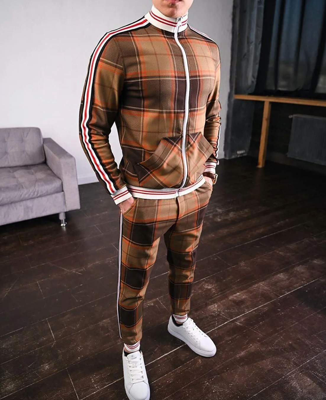 Embla | Conjunto de Treino Masculino | Padrão Xadrez, 2 Peças | Slim Fit, Gola Alta