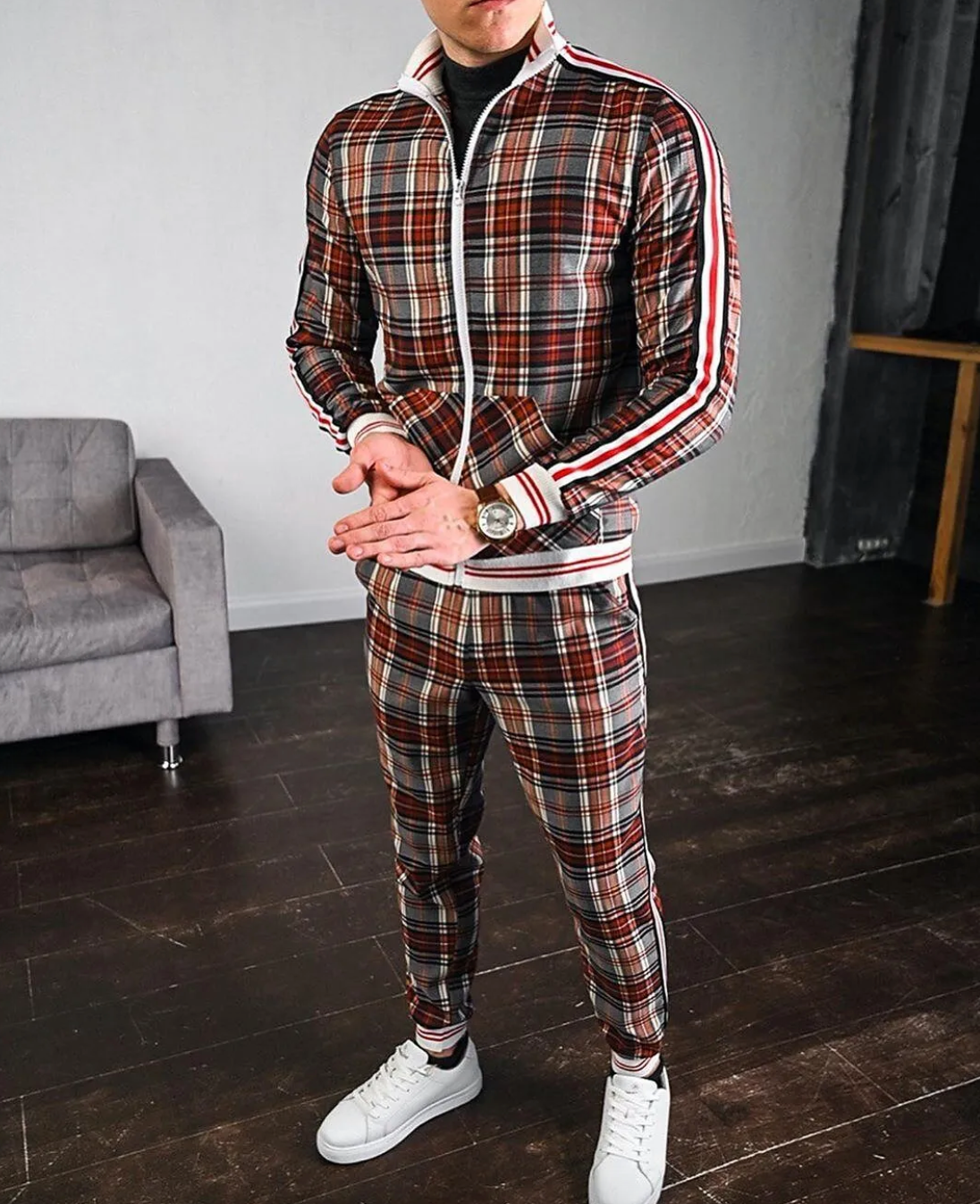 Embla | Conjunto de Treino Masculino | Padrão Xadrez, 2 Peças | Slim Fit, Gola Alta