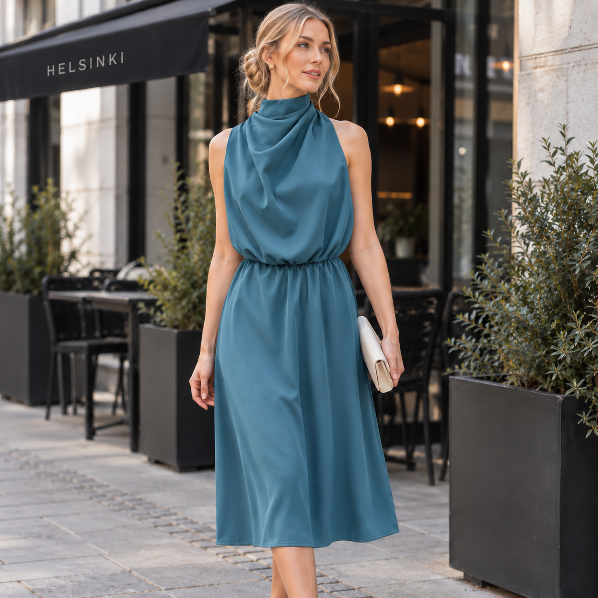 Vestido Midi Feminino Acinturado | Gola Alta Drapeada, Sem Mangas
