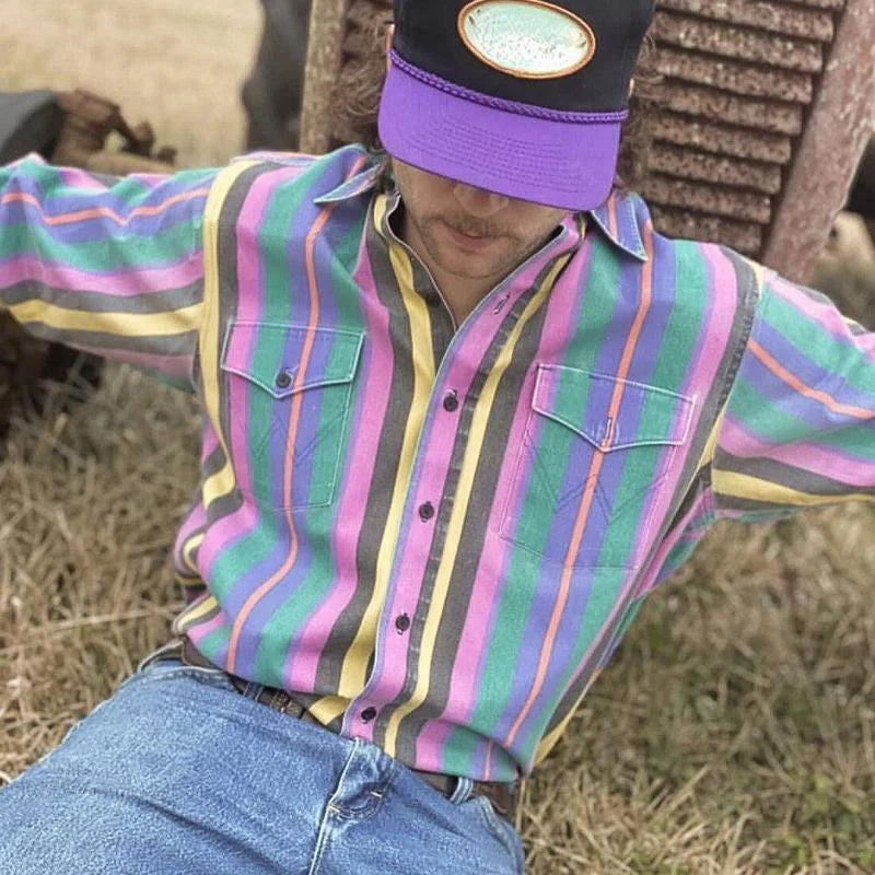 Lena | Camisa Masculina Listrada Retrô Polo Botões Relaxed Fit