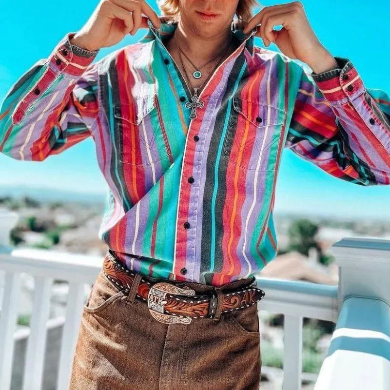 Lena | Camisa Masculina Listrada Retrô Polo Botões Relaxed Fit