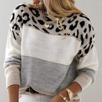 Kestrel | Camisola Malha Feminina Color Block Padrão Leopardo