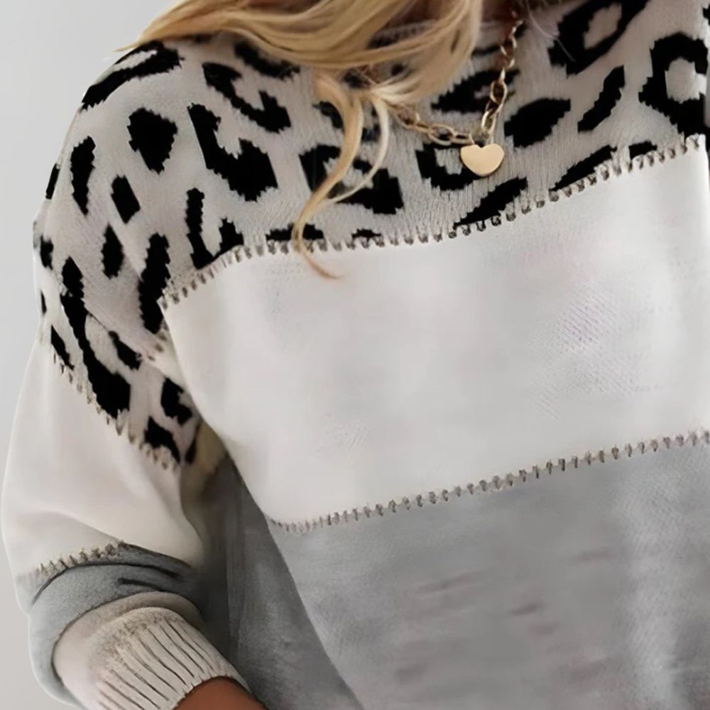 Kestrel | Camisola Malha Feminina Color Block Padrão Leopardo