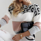 Kestrel | Camisola Malha Feminina Color Block Padrão Leopardo