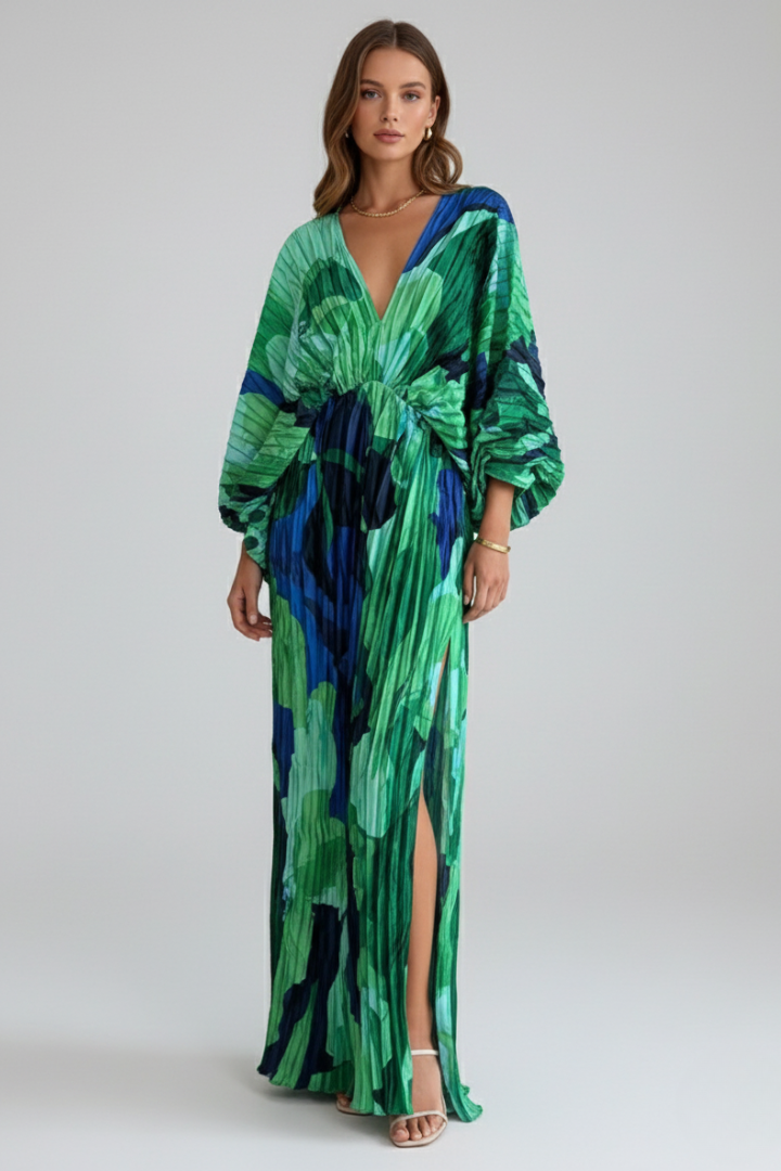 Romilly | Vestido Longo Feminino Plissado Decote V