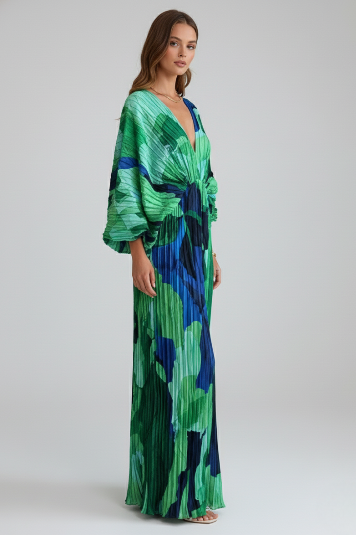 Romilly | Vestido Longo Feminino Plissado Decote V
