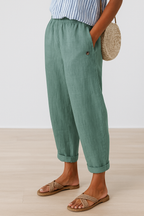 Calça feminina folgada | Casual e confortável | Bolsos, barra dobrada