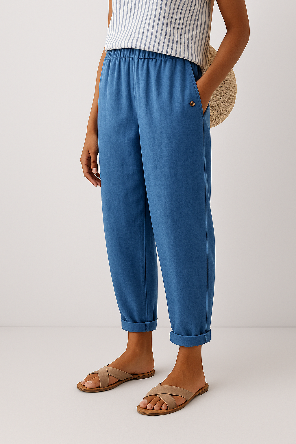 Calça feminina folgada | Casual e confortável | Bolsos, barra dobrada