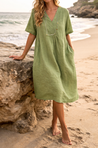 Vestido Midi de Linho | Decote em V, Conforto para Clima Quente