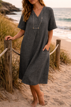 Vestido Midi de Linho | Decote em V, Conforto para Clima Quente