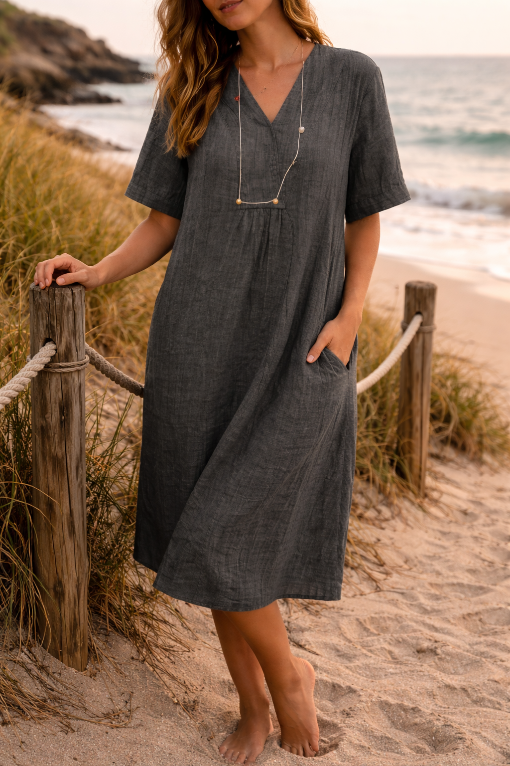 Vestido Midi de Linho | Decote em V, Conforto para Clima Quente