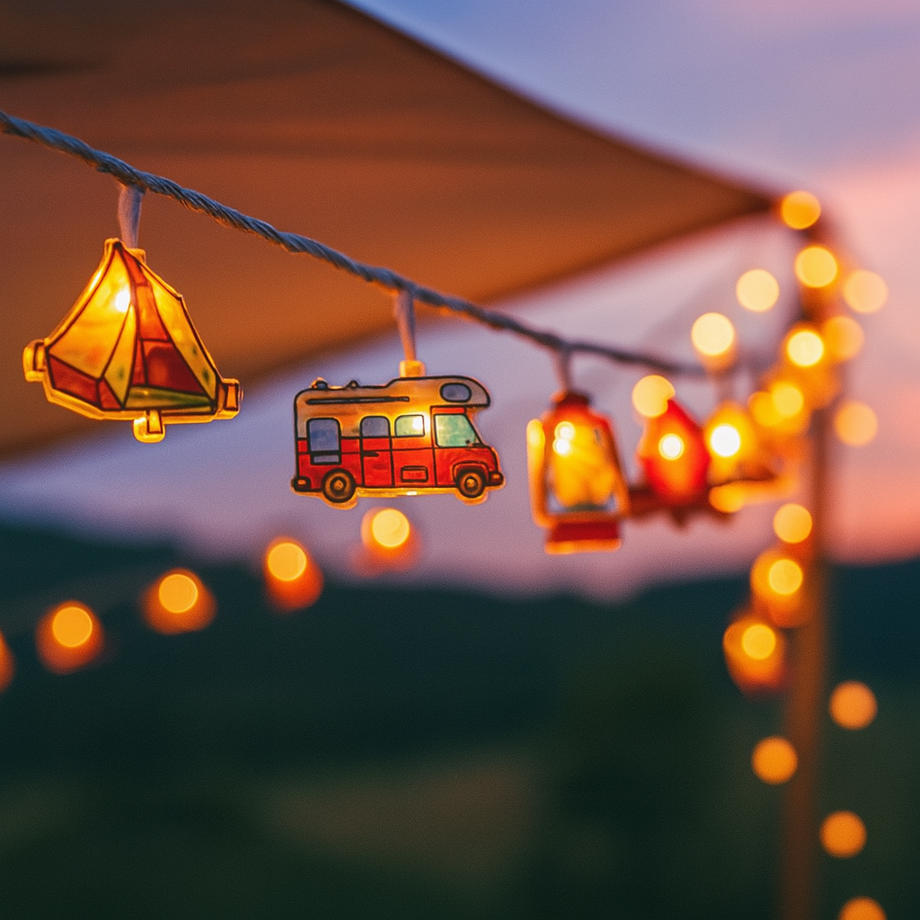Thea | Luzes de Camping LED | Guirlanda Decorativa com Motivos de Tenda e Caravana | Branco Quente